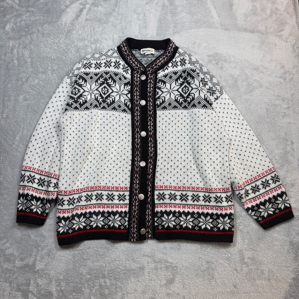 Vintage Spunky Cardigan Sweater Womens Large White Nordic Fair Isle Knit 90s